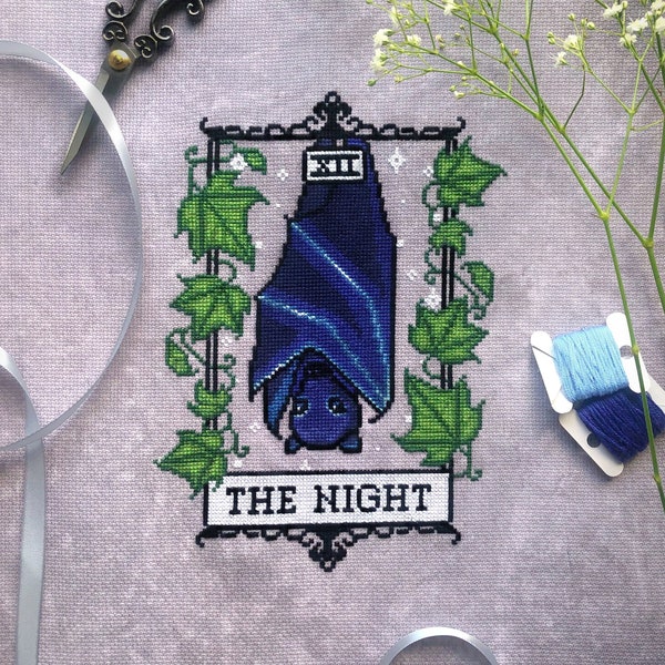 The Night Tarot Cross Stitch - Bat Cross Stitch Pattern - Stars & Moon - Climbing Plants Cross Stitch - Cute Animal Cross Stitch Pattern PDF