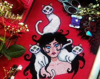 Supernatural Crazy Cat Lady - Three White Cats - Cross Stitch Portrait - Glamorous Vampire Girl - Cross Stitch Pattern PDF