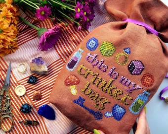 This is my Trinket Bag- Adventurer Cross Stitch - Typeface - Colorful Bag Cross Stitch - DnD Pattern - Dungeons Cross Stitch Pattern PDF