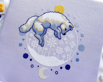 Arctic Fox Cross Stitch Pattern - Cold Winter Cross Stitch - Sun & Moon - Snowflakes - Snow Landscape - Cute Animal Cross Stitch Pattern PDF