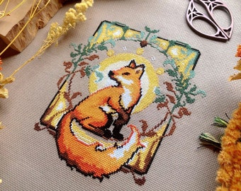 Art Nouveau Fox - Fancy Fox - Floral Arrangement - Forest Cross Stitch - Art History Coss Stitch - Adorable Fox Cross Stitch Pattern PDF