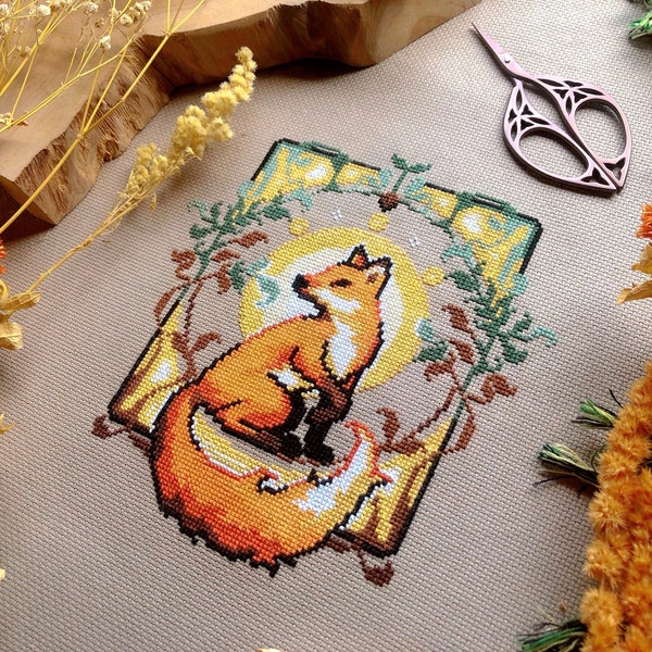 Art Nouveau Fox - Fancy Fox - Floral Arrangement - Forest Cross Stitch - Art History Coss Stitch - Adorable Fox Cross Stitch Pattern PDF