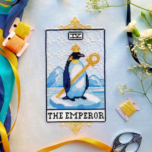 The Emperor Tarot - Emperor Penguin Cross Stitch - Tarot Parody - Tarot Deck Cross Stitch Pattern - Royalty - Bird Cross Stitch Pattern PDF