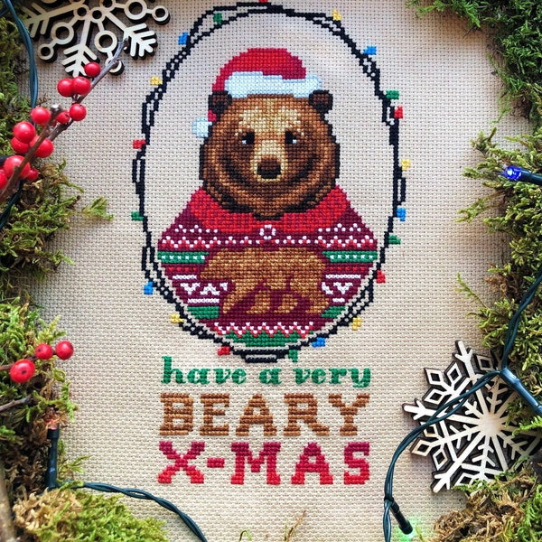 Passez un Noël joyeux - Noël point de croix - portrait d'ours - jolie citation - flou et festif - modèle de point de croix PDF