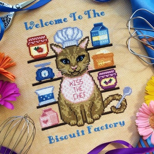 Welcome To The Biscuit Factory - Cat Making Biscuits - Cat Cross Stitch - Brown Tabby Cat Baker - Baking Supplies Cross Stitch Pattern PDF