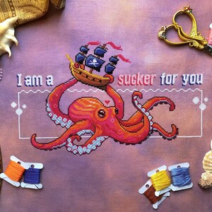 I'm a Sucker for You! - Kraken Cross Stitch Pattern - Pirate Ship Cross Stitch - Octopus - Valentines - Sea & Ocean Cross Stitch Pattern PDF image 2