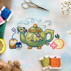 Tea Dragon - Cozy Dragon Cross Stitch Pattern - Teapot - Lemon & Flowers - Tea Cross Stitch Pattern - Cute Dragon Cross Stitch Pattern PDF
