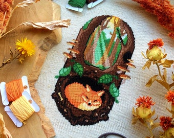 Sleeping Fox Cross Stitch Pattern - Underground Forest - Fox Cross Stitch - Woods - Sun rays - Cute Autumn Animal - Cross Stitch Pattern PDF