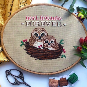 Nest Friends Forever - Owl Cross Stitch Pattern - Birds in Nest - Cute Animal Friends - Big & Small Owls - Nature Cross Stitch Pattern PDF
