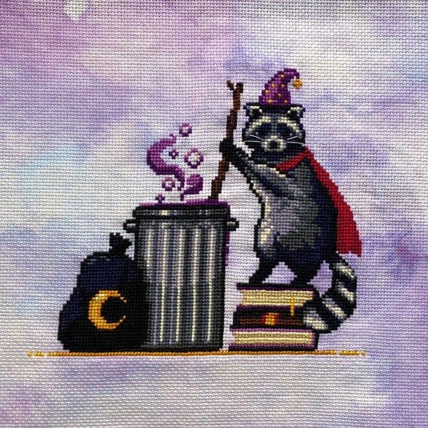 Magic Raccoon - Animal Wizard - Bewitching Bandit - Cute Animal Cross Stitch - Witchy Raccoon - Witchcraft Cross Stitch Pattern PDF