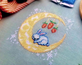 Moon Bunny - Dreaming Of Carrots - Cute Sleeping Animal Cross Stitch - Nursery Cross Stitch - Cute Bunny Rabbit Cross Stitch Pattern PDF