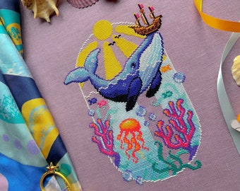 Whale with Boat - Blue Whale Cross Stitch - Ocean Cross Stitch - Sea Animal - Colorful Coral - Jellyfish - Vibrant Cross Stitch Pattern PDF