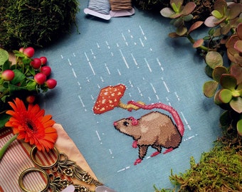 Rainy Days - Rat with Mushroom Umbrella - Rat Cross Stitch - Toadstool Cross Stitch - Forest Embroidery - Rodent - Cross Stitch Pattern PDF