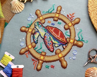 Turtle Voyage - Cute Sea Turtle Cross Stitch Pattern - Ship's Wheel - Bubbles & Seaweed - Fish Cross Stitch - Ocean Cross Stitch Pattern PDF