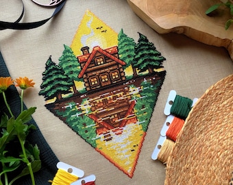 Lakeside Cabin - Log Cabin - Landscape Cross Stitch - Water Reflection - Cozy Home - Pine Trees - Beautiful Nature Cross Stitch Pattern PDF