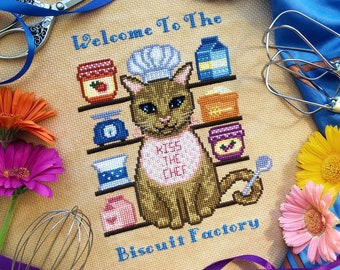 Welcome To The Biscuit Factory - Cat Making Biscuits - Cat Cross Stitch - Brown Tabby Cat Baker - Baking Supplies Cross Stitch Pattern PDF