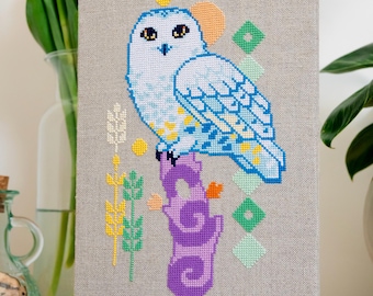Snowy Owl Cross Stitch Pattern - Colorful Owl XStitch - Beautiful Bird Embroidery - Geometric Stitch - Cute Animal Cross Stitch Pattern PDF