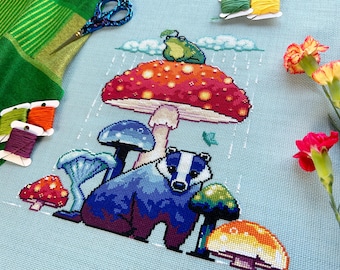 Mushroom Badger - Badger Cross Stitch Pattern - Bright Colors Cross Stitch - Nature Fungi - Toadstool Stitch - Frog Cross Stitch Pattern PDF