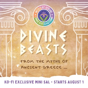 May include: A promotional image for a cross-stitch pattern featuring the text "DIVINE BEASTS" and "FROM THE MYTHS OF ANCIENT GREECE." The design includes a circular logo with a flower and the words "NEEDLELOT DESIGNS + CROSS STITCH PATTERNS."