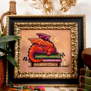 Book Dragon - Adorable Orange Dragon - Lush Library - Ancient Tales Cross Stitch - Cozy Reading & Books Fantasy Cross Stitch Pattern PDF