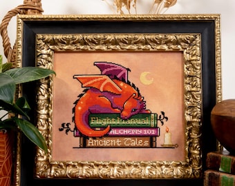Dragão de Livros - Adorável Dragão Laranja - Biblioteca Luxuosa - Ponto Cruz de Contos Antigos - Padrão de Ponto Cruz Fantasia para Leitura Aconchegante e Livros em PDF