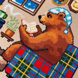 Reading by the Fire Bear Sampler Cross Stitch Pattern - Cozy Winter Christmas - Book Cross Stitch - Tartan, Plaid Cross Stitch Pattern PDF image 3