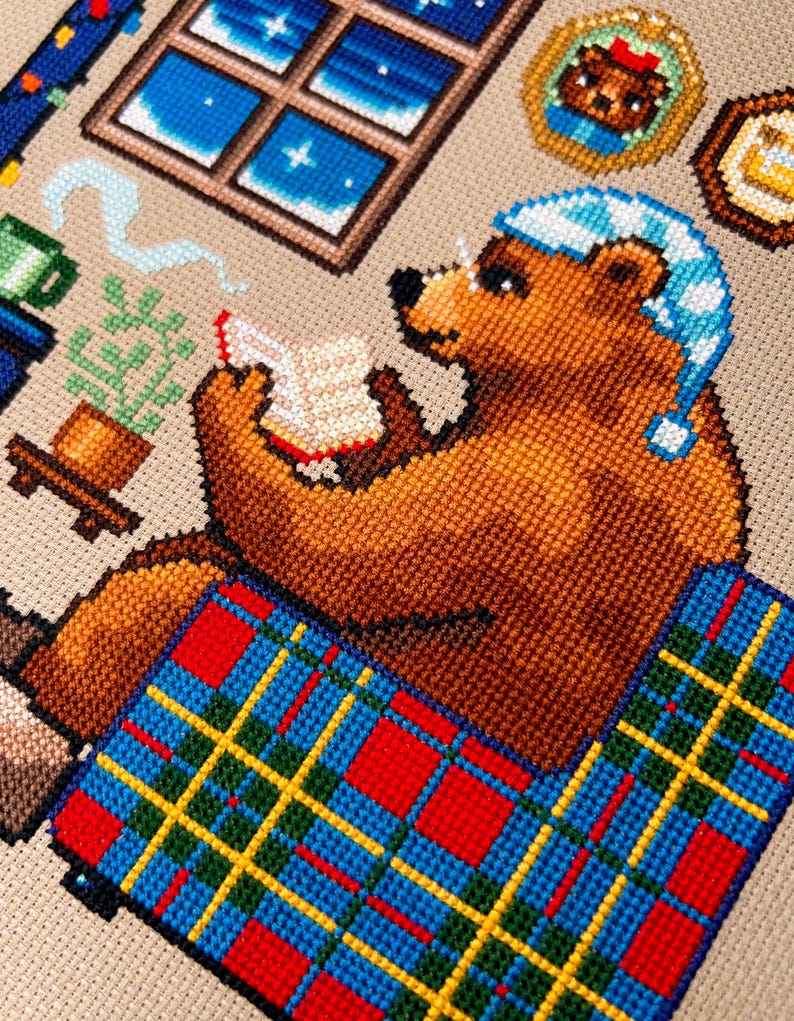 Reading by the Fire Bear Sampler Cross Stitch Pattern - Cozy Winter Christmas - Book Cross Stitch - Tartan, Plaid Cross Stitch Pattern PDF image 3