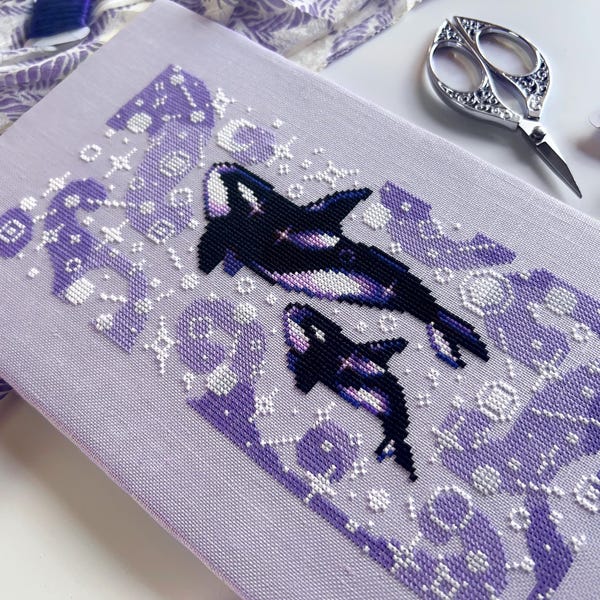 Celestial Orcas - Killer Whales Cross Stitch - Ocean Life - Outer Space Orcas - Moon & Stars - Orca Family Cross Stitch Pattern PDF