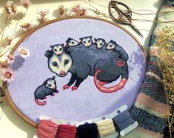 Possum Mama - Opossum Cross Stitch - Mama with Babies - Cute Animals Cross Stitch Pattern - Bussum - Cross Stitch Pattern PDF
