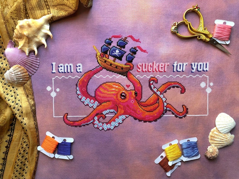 I'm a Sucker for You! - Kraken Cross Stitch Pattern - Pirate Ship Cross Stitch - Octopus - Valentines - Sea & Ocean Cross Stitch Pattern PDF image 2