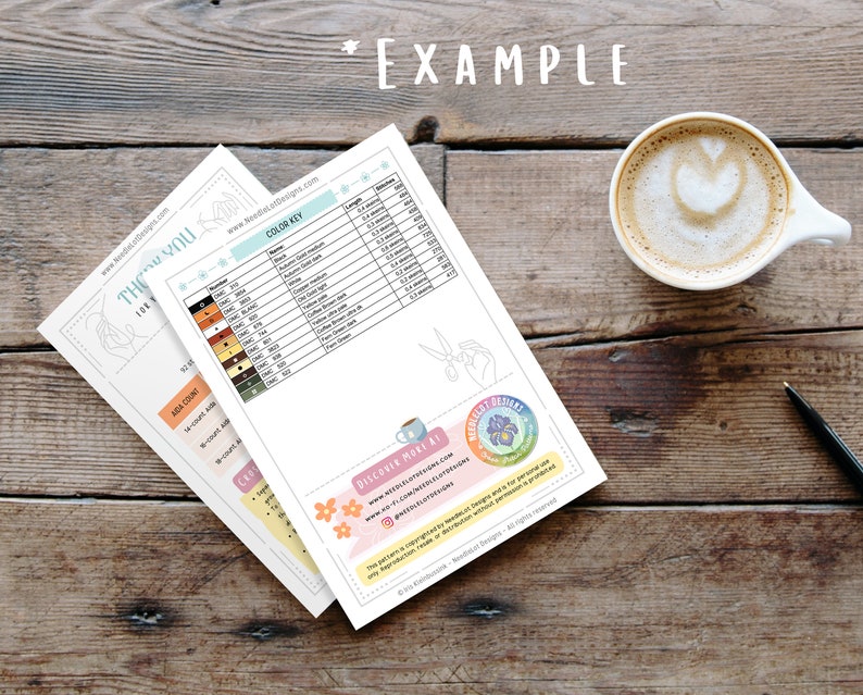 A mock-up of what the cross stitch pattern looks like. There are two pages. Here, the color key with DMC colors is displayed. The pattern also contains instructional pages, tips and tricks, information about copyright, logo and social media links.