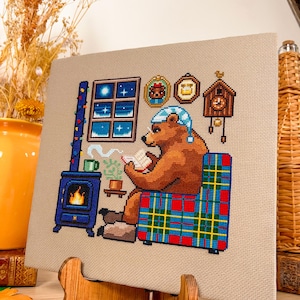 Reading by the Fire Bear Sampler Cross Stitch Pattern - Cozy Winter Christmas - Book Cross Stitch - Tartan, Plaid Cross Stitch Pattern PDF