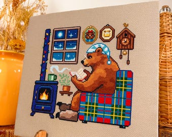 Reading by the Fire Bear Sampler Cross Stitch Pattern - Cozy Winter Christmas - Book Cross Stitch - Tartan, Plaid Cross Stitch Pattern PDF