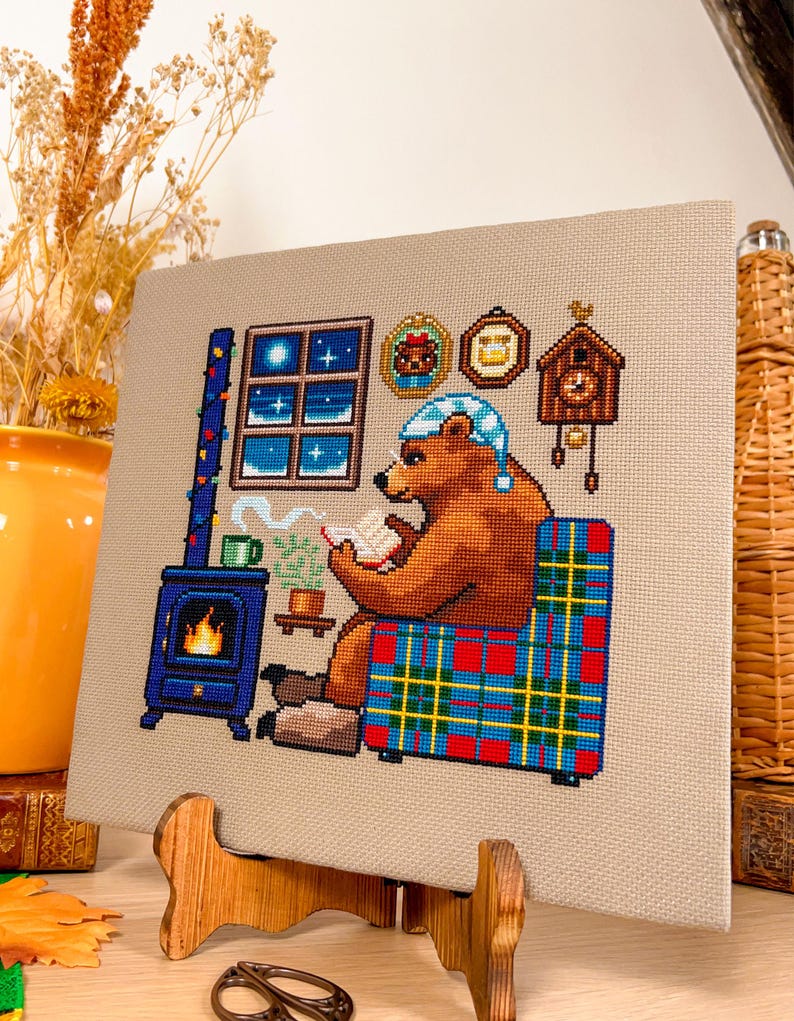Reading by the Fire Bear Sampler Cross Stitch Pattern - Cozy Winter Christmas - Book Cross Stitch - Tartan, Plaid Cross Stitch Pattern PDF image 1