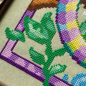 May include: Close-up of a cross-stitch design featuring a green leafy stem and purple border on a light green fabric. The design incorporates shades of green, purple, yellow, and blue, framed in a wooden border.