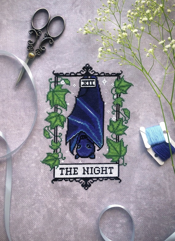 The Night Tarot Cross Stitch - Bat Cross Stitch Pattern - Stars & Moon - Climbing Plants Cross Stitch - Cute Animal Cross Stitch Pattern PDF