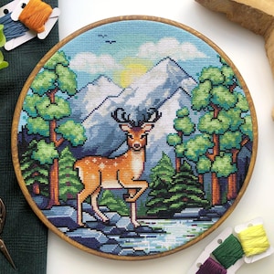 Dreamy Forest Deer Cross Stitch Pattern Beautiful Landscape Scenery Mountains and Trees Full Coverage Cross Stitch Pattern PDF image 1