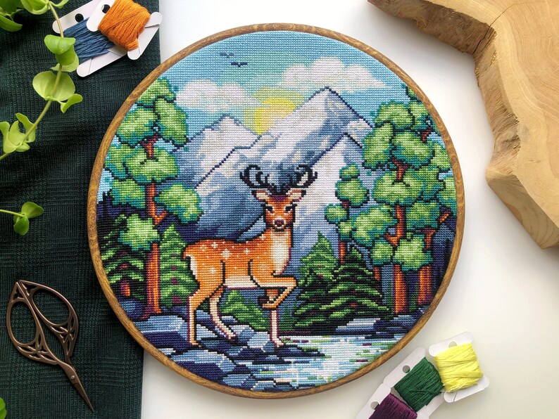 Dreamy Forest Deer Cross Stitch Pattern Beautiful Landscape Scenery Mountains and Trees Full Coverage Cross Stitch Pattern PDF image 1