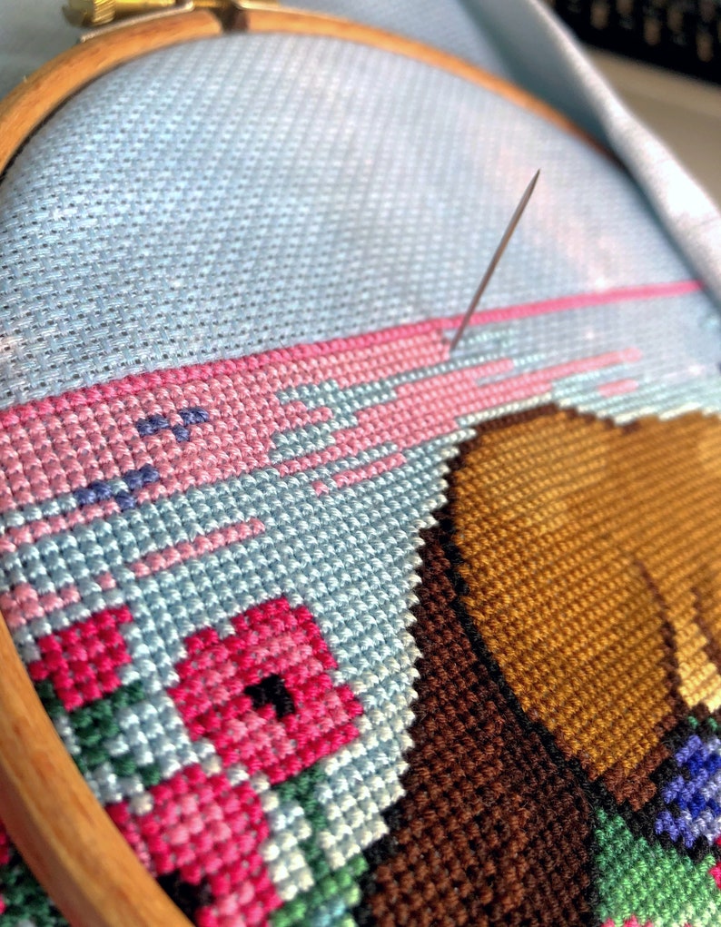 Work in progress on Platypus cross stitch pattern. Needle is visible and is stiching through the 16ct Aida fabric. The pink and blue sky with birds is being stitched. Stitches are fluffy and tidy. Danish stitching method is used.