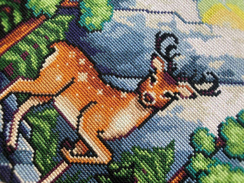 Dreamy Forest Deer Cross Stitch Pattern Beautiful Landscape Scenery Mountains and Trees Full Coverage Cross Stitch Pattern PDF image 3
