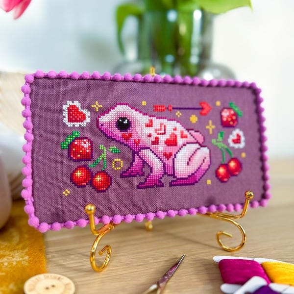 Poison Heart Frog Cross Stitch - Valentine's Day Frog - Strawberries & Cherries - Love Frog - Cute Small Beginner Cross Stitch Pattern PDF