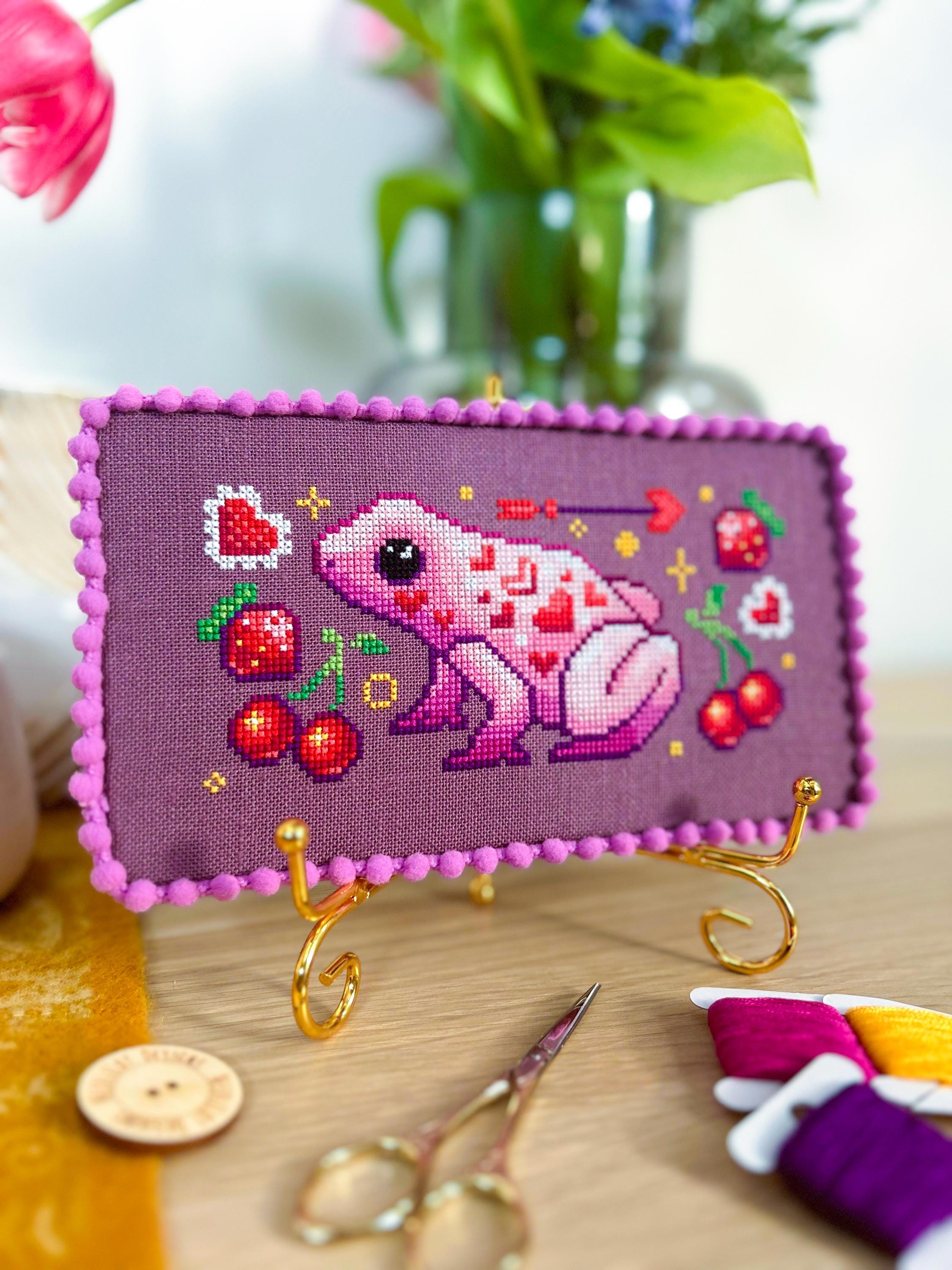 Poison Heart Frog Cross Stitch - Valentine's Day Frog - Strawberries & Cherries - Love Frog - Cute Small Beginner Cross Stitch Pattern PDF