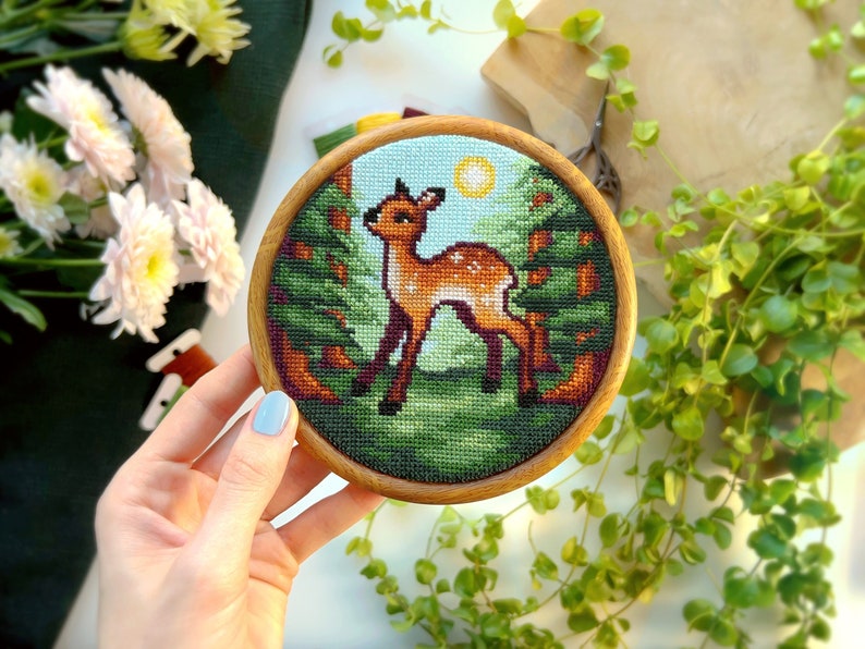 Fawn in the Forest - Baby Deer - Full Coverage Cross Stitch - Spring Cross Stitch - Pine Trees & Sun - Cute Animal Cross Stitch Pattern PDF image 1