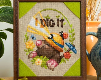 I Dig It Mole Cross Stitch Pattern - Cute Mole Beginner XStitch - Little Animals & Bugs - Adorable Garden Nature Cross Stitch Pattern PDF