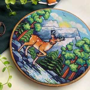 Dreamy Forest Deer Cross Stitch Pattern Beautiful Landscape Scenery Mountains and Trees Full Coverage Cross Stitch Pattern PDF image 2