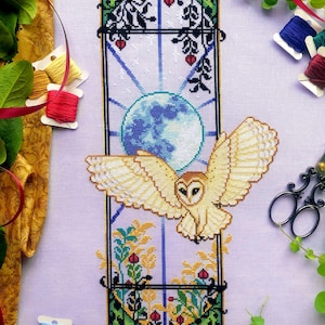 Patrón de punto de cruz de búho Art Nouveau - Lechuza común - Jugendstil elegante - Animal Art Déco - Ventana de luna azul - Patrón de punto de cruz de pájaro (PDF) imagen 5