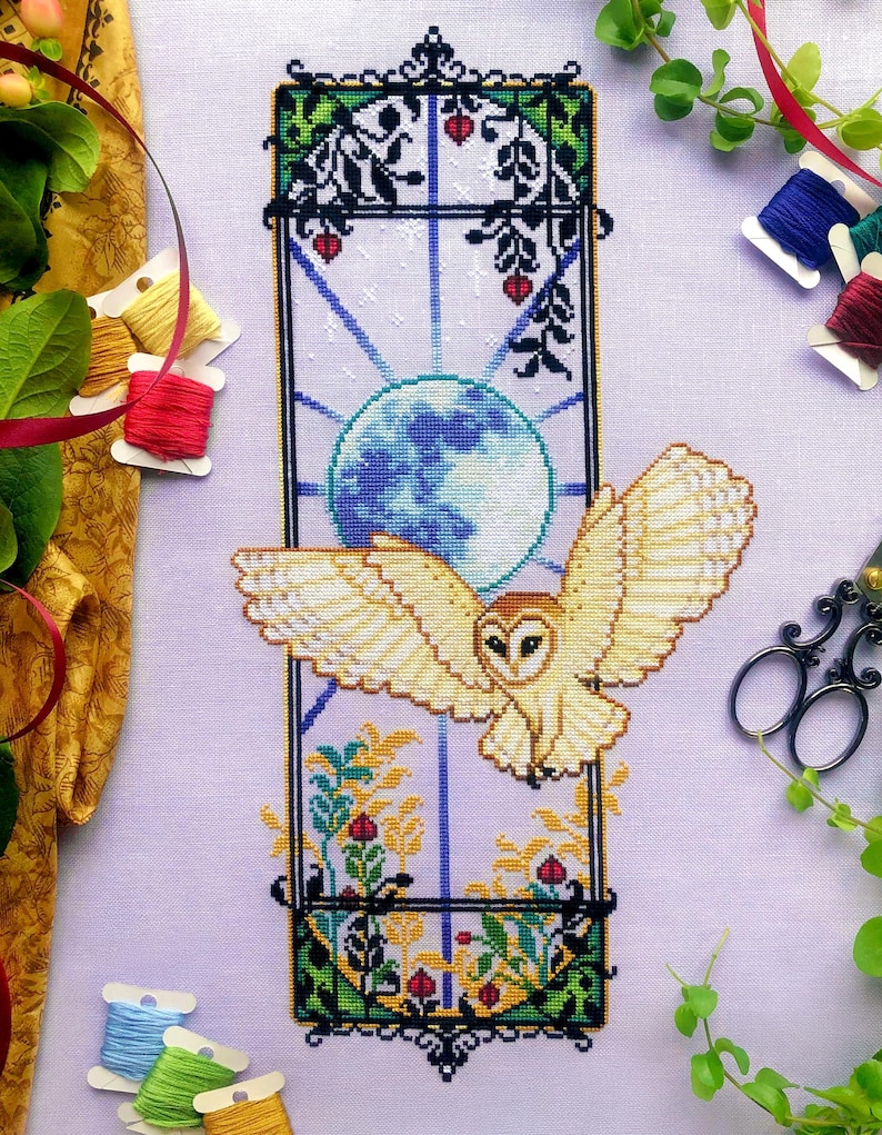 Patrón de punto de cruz de búho Art Nouveau - Lechuza común - Jugendstil elegante - Animal Art Déco - Ventana de luna azul - Patrón de punto de cruz de pájaro (PDF) imagen 5
