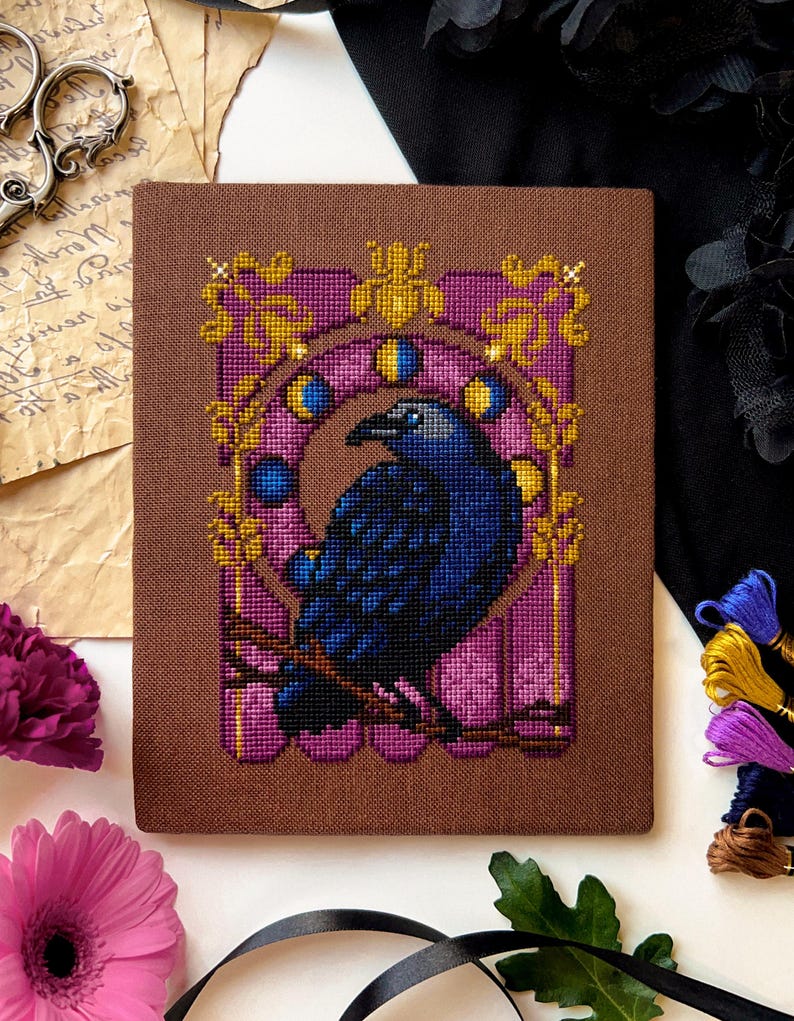 Art Nouveau Crow - Art Noucrow - Dark Academia Cross Stitch - Corvus Cross Stitch - Beautiful Bird Cross Stitch - Cross Stitch Pattern PDF image 2
