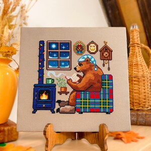 Reading by the Fire Bear Sampler Cross Stitch Pattern - Cozy Winter Christmas - Book Cross Stitch - Tartan, Plaid Cross Stitch Pattern PDF image 2