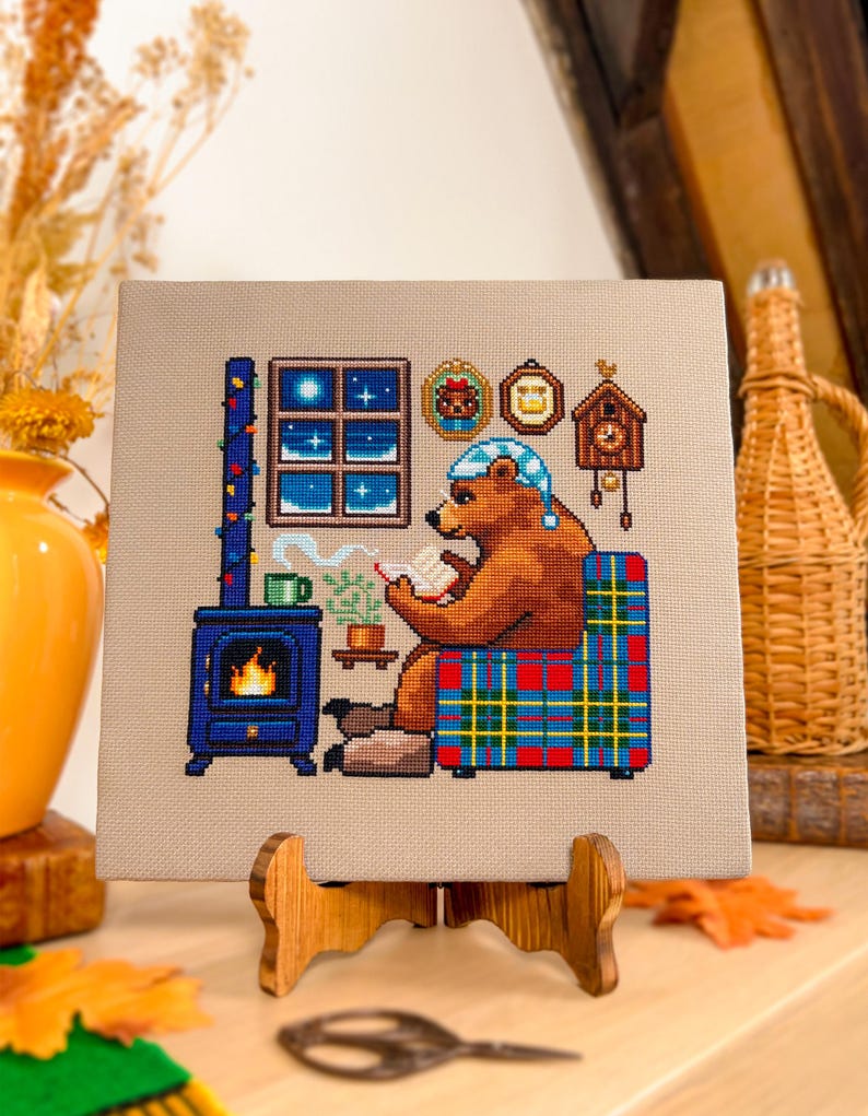 Reading by the Fire Bear Sampler Cross Stitch Pattern - Cozy Winter Christmas - Book Cross Stitch - Tartan, Plaid Cross Stitch Pattern PDF image 2